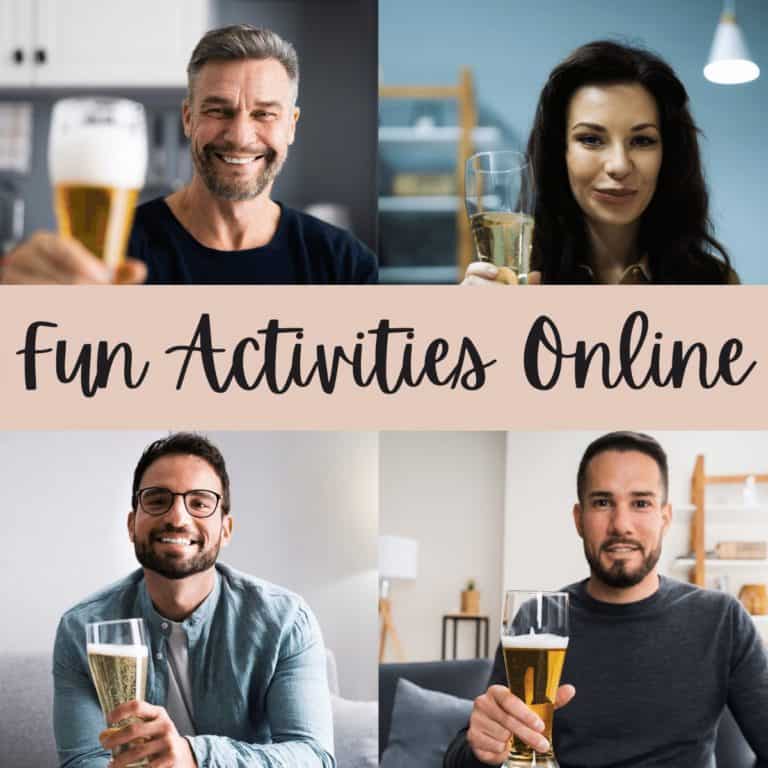 4 friends drinking beer on a virtual call with writing that says "fun activities online"