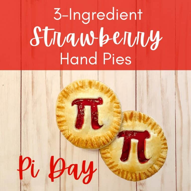 text says "3 ingredient strawberry hand pies" with a picture of two round hand pies with the math pi symbol cut out on top