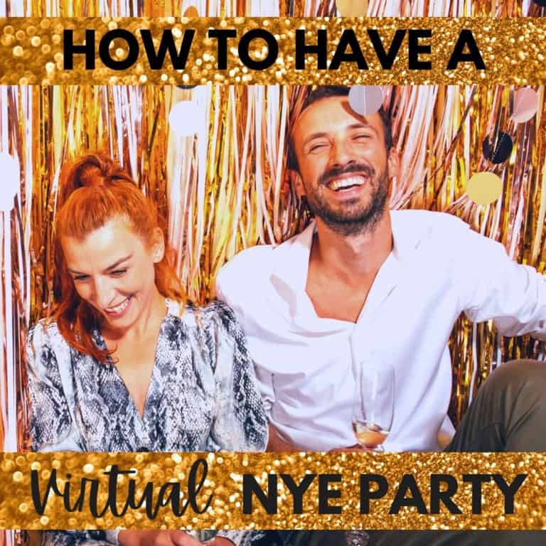 dressed up couple holding champagne and laughing in front of gold streamers. text on top says "How to Have a Virtual NYE Party"