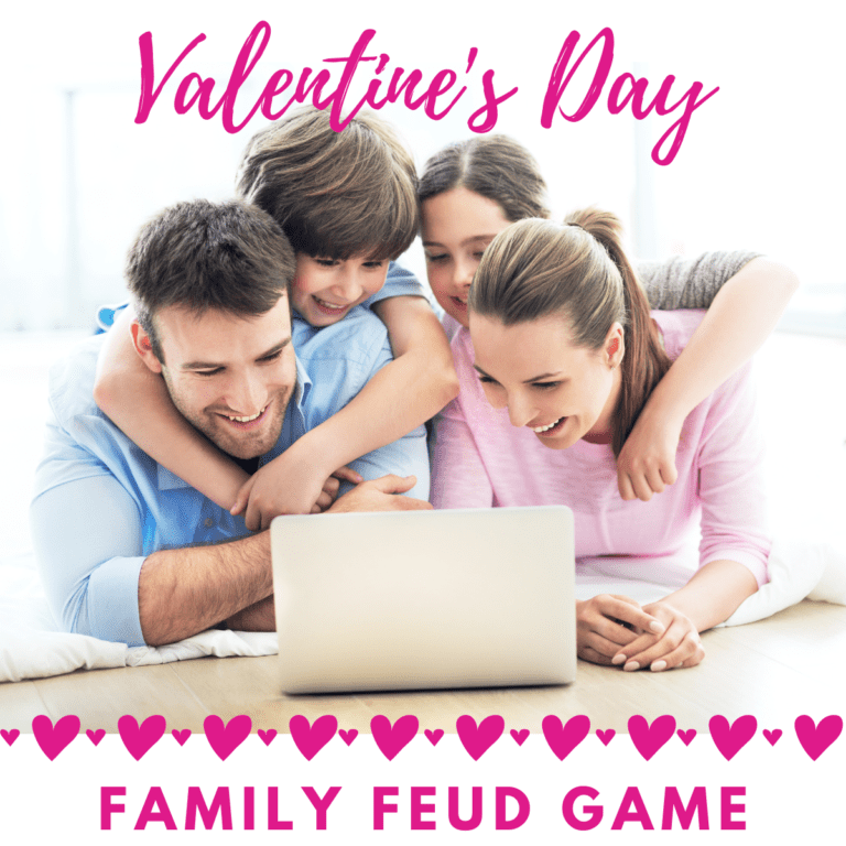 family looking at laptop playing a Valentine's family feud game from thehomemadeparty.com